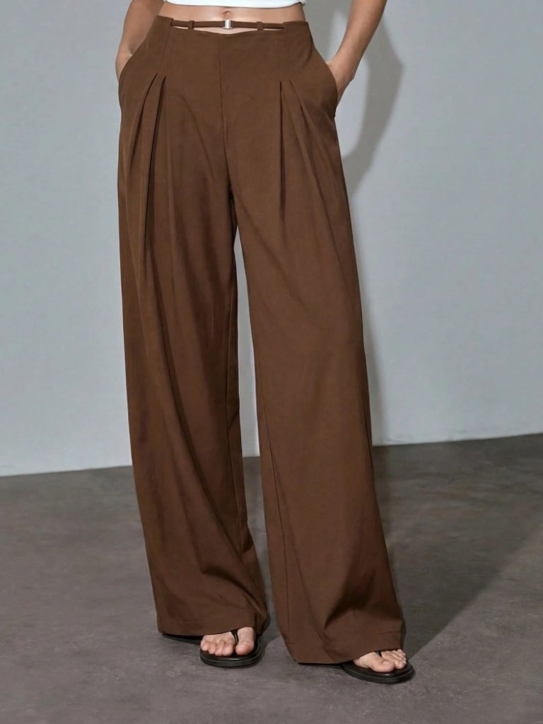 Brown Pleated Wide Leg Trousers With Buckle Waist Detail